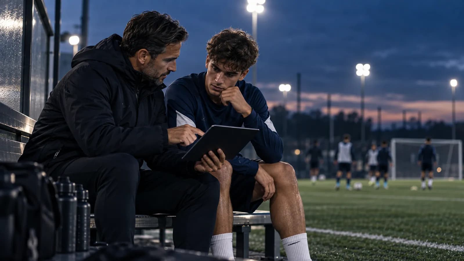 Entrenador y futbolista revisando su desarrollo deportivo