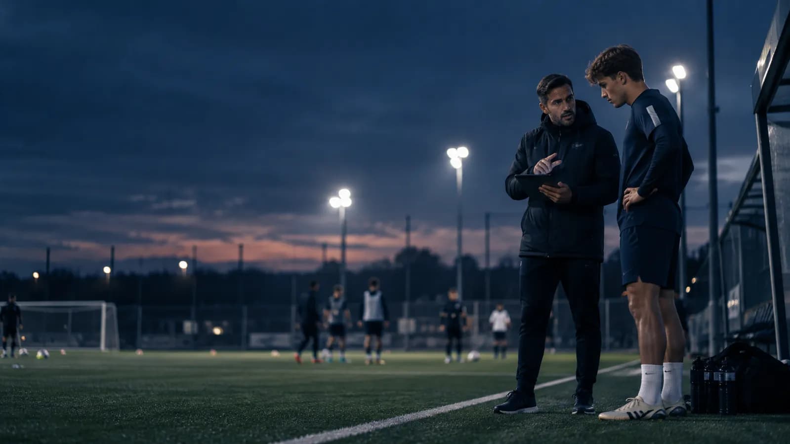 Entrenador y futbolista revisando información durante una sesión de entrenamiento